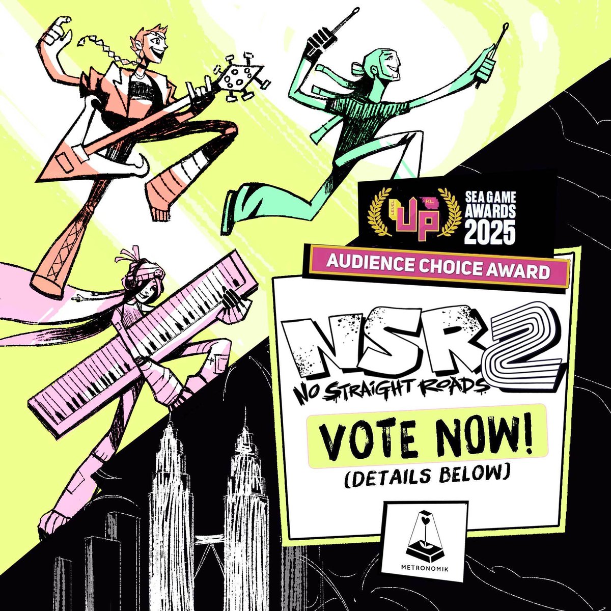 MetronomikIncEN's tweet photo. 🔥🎸 MAYDAY. ZUKE. CASEY. 🎤🥁
NSR2 is BACK and we’re a Top 40 Finalist at the SEA Game Awards 2025 with our first playable demo! 🌟✨

The Audience Choice Award is open every vote counts! 💜
👉 VOTE: https://t.co/Rm93UvDwqL
👉 RT &amp; make some noise! 🚀🎶 https://t.co/2RO9XqF8Ff