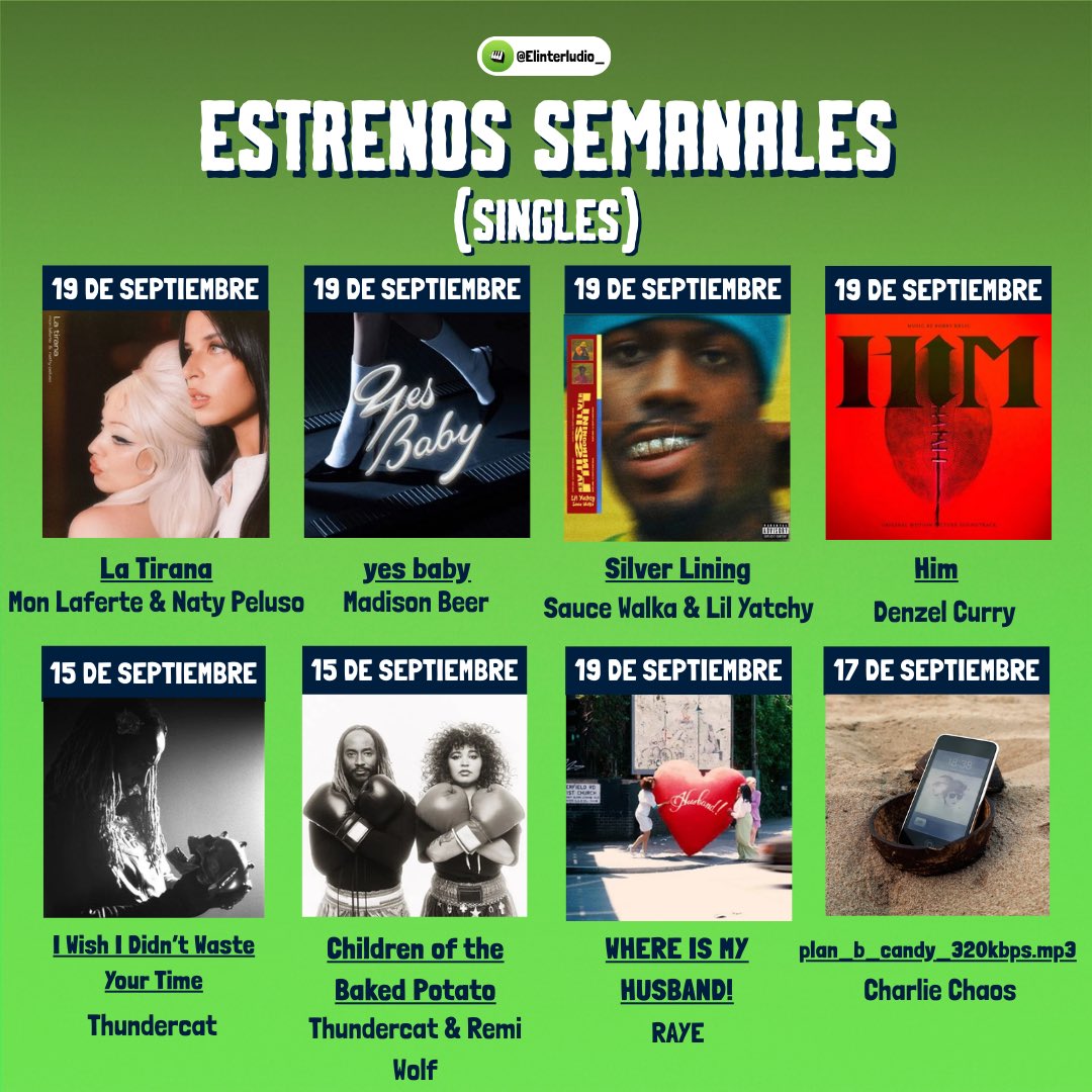 🚨 ESTRENOS SEMANALES

Otra semana más donde vemos a artistas  como Miley Cyrus, Destroy Lonely, Denzel Curry, Lola Young, Mir Nicolás, Cardi B, Chaarlie Chaos, Mon Laferte y más ...