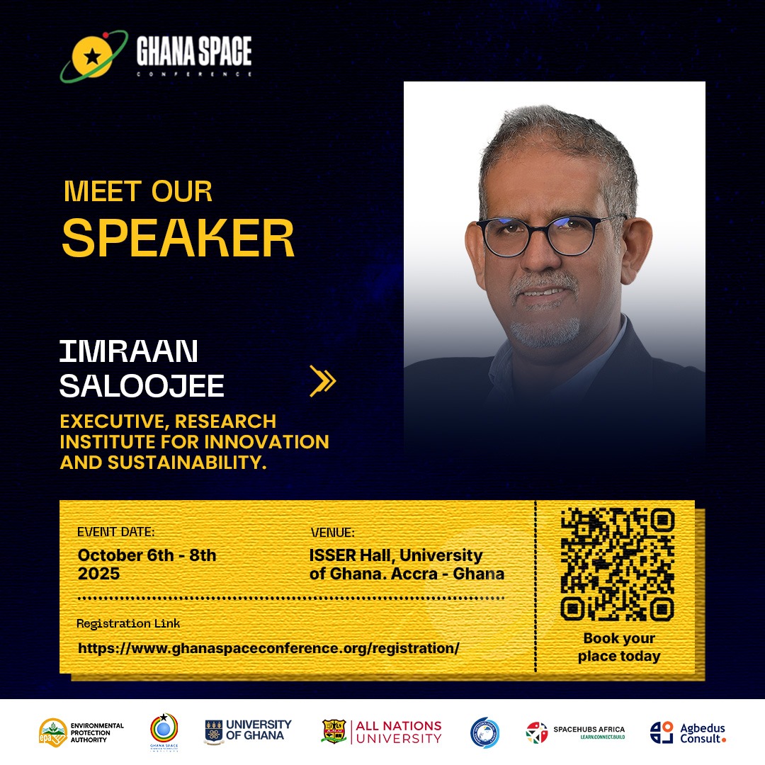 We are pleased too announce Imraan Saloojee, Executive Director and space lead at the RIIS - Research Institute for Innovation and Sustainability , as a speaker on the Commercial Space and Entrepreneurship Panel at #GSC2025.

Book your place here:ghanaspaceconference.org/registration/