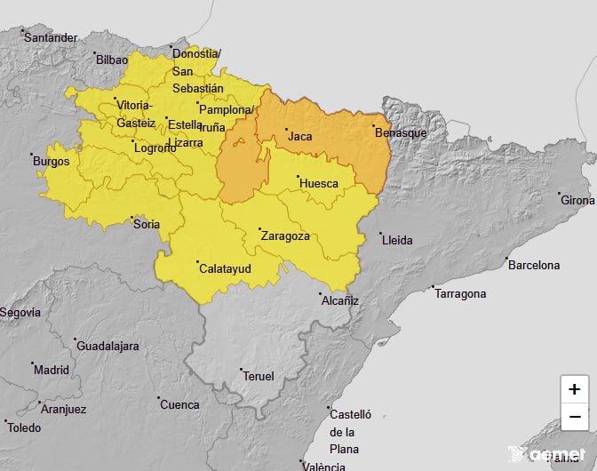 ⛈️ Avisos por #lluvias y #tormentas para mañana sábado, día 20, en #Aragón de 17 a 23:59 horas:
🟠 Pirineo oscense y Cinco Villas
🟡 Centro y Sur de Huesca, Ibérica zaragozana y Ribera del Ebro. 

<a href="/AEMET_Aragon/">AEMET_Aragón</a> <a href="/GobAragon/">Gobierno de Aragón</a>