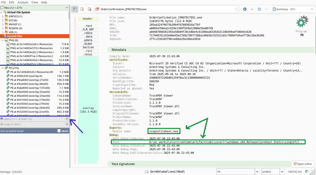 SquiblydooBlog's tweet image. "FUD" from VirusTotal.
Signed, 112 MB file.
Lets analyze.
File is SingleFile .NET; I see this with Malcat:
Debug and Exports indicate it is SingleFile (green arrows in image)
Also, Malcat carved 270 PE out of the overlay (blue arrow), indicative of SingleFile .NET
1/8