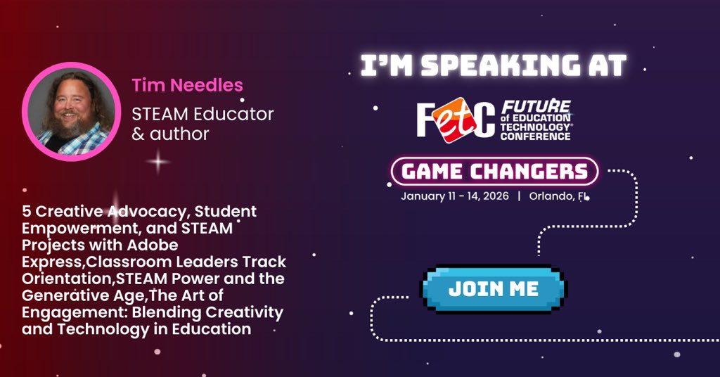 timneedles's tweet photo. I’m excited to share that I’ll be speaking at #FETC2026 in Orlando! 🎤✨ Join me as we explore fresh ideas, bold strategies, and game-changing innovations shaping the future of K–12 education. Let’s level up learning together, see you in January!

Join me: https://t.co/i9UCWSvXqK https://t.co/IG88AY6cIc