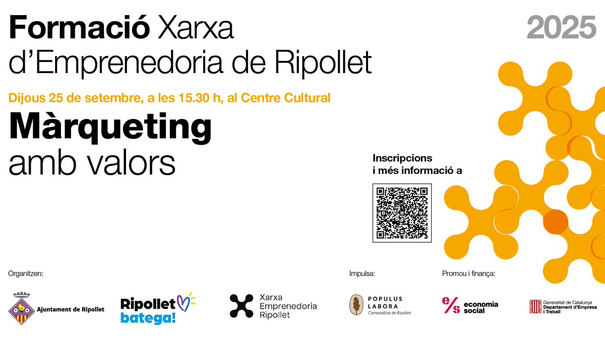 Nova formació a la Xarxa d'Emprenedoria de #Ripollet. 

💡"Màrqueting en valors".  
📅25/09
⏰15.30 h 
📍Centre Cultural Ripollet 
🔗ripollet.cat/serveis/ripoll… 

✅Activitat impulsada per l’@ajripollet com a agent de la Comunalitat <a href="/Populuslabora/">Populus Labora I Comunalitat de Ripollet</a>