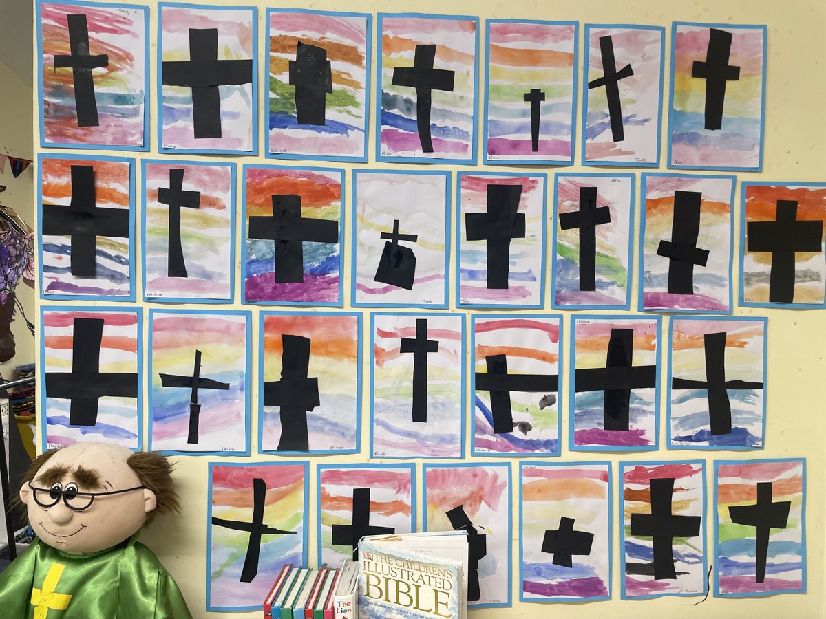 Greenfinch Class have really enjoyed painting watercolour rainbow backgrounds and cutting out and sticking contrasting black crosses. They look very striking in our classroom!