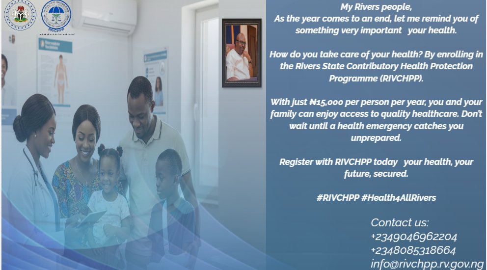 💡 Stay Protected, Stay Healthy!
With RIVCHPP, you and your family can enjoy quality healthcare without worrying about high hospital bills. Enroll today and secure peace of mind knowing your health is covered. #RIVCHPP #Health4AllRivers
<a href="/CEOsofSSHIAs/">Forum of CEOs of SSHIAs</a> 
<a href="/Adaeze_Oreh/">adaeze c oreh</a>