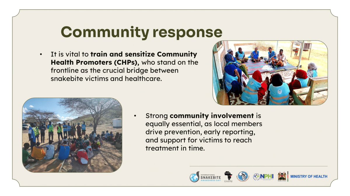 Community response lies at the core of the fight against snakebite. By empowering Community Health Promoters and strengthening local involvement, victims gain faster access to prevention, early reporting and timely treatment.
<a href="/primateresearch/">Kenya Institute of Primate Research - KIPRE</a> <a href="/PublicHealthMoH/">State Department for Public Health</a> <a href="/MOH_Kenya/">Ministry of Health</a> <a href="/LSTMnews/">LSTM</a>
