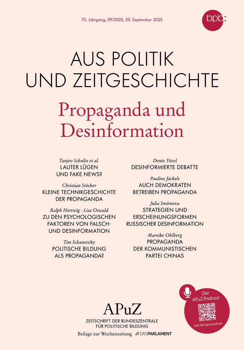APuZ (@apuz_bpb) on Twitter photo Die neue APuZ "Propaganda und Desinformation" ist online. Mit Texten von <a href="/ChrisStoecker/">@ChrisStoecker</a>, <a href="/Tanjev/">Tanjev Schultz</a> et al., <a href="/MareikeOhlberg/">Mareike Ohlberg</a>, <a href="/JO_Smirnova/">Julia Smirnova (jsmirnova.bsky.social)</a>, <a href="/LisaFOswaldo/">Lisa Oswald</a>, <a href="/arc_mpib/">Center for Adaptive Rationality (MPIB, Berlin)</a>, <a href="/Besser_Deniz/">Deniz Yücel</a>, <a href="/paulinejaec/">paulinejaeckels</a> und Tim Schanetzky.
bpb.de/shop/zeitschri… Die neue APuZ "Propaganda und Desinformation" ist online. Mit Texten von <a href="/ChrisStoecker/">@ChrisStoecker</a>, <a href="/Tanjev/">Tanjev Schultz</a> et al., <a href="/MareikeOhlberg/">Mareike Ohlberg</a>, <a href="/JO_Smirnova/">Julia Smirnova (jsmirnova.bsky.social)</a>, <a href="/LisaFOswaldo/">Lisa Oswald</a>, <a href="/arc_mpib/">Center for Adaptive Rationality (MPIB, Berlin)</a>, <a href="/Besser_Deniz/">Deniz Yücel</a>, <a href="/paulinejaec/">paulinejaeckels</a> und Tim Schanetzky.
bpb.de/shop/zeitschri…