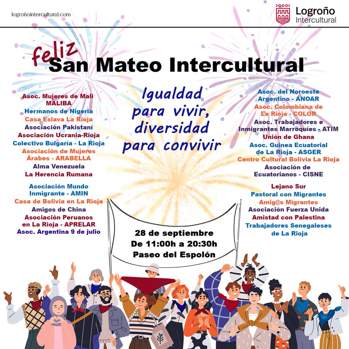 El 28 de septiembre os invitamos a disfrutar un año más de San Mateo Intercultural en el Espolón de 11h a 20:30h con pinchos y actuaciones musicales. Una buena oportunidad para conocer a los vecinos y vecinas de estas asociaciones de la ciudad

#LaDiversidadEnriquece <a href="/AytoLogrono/">Ayuntamiento Logroño</a>