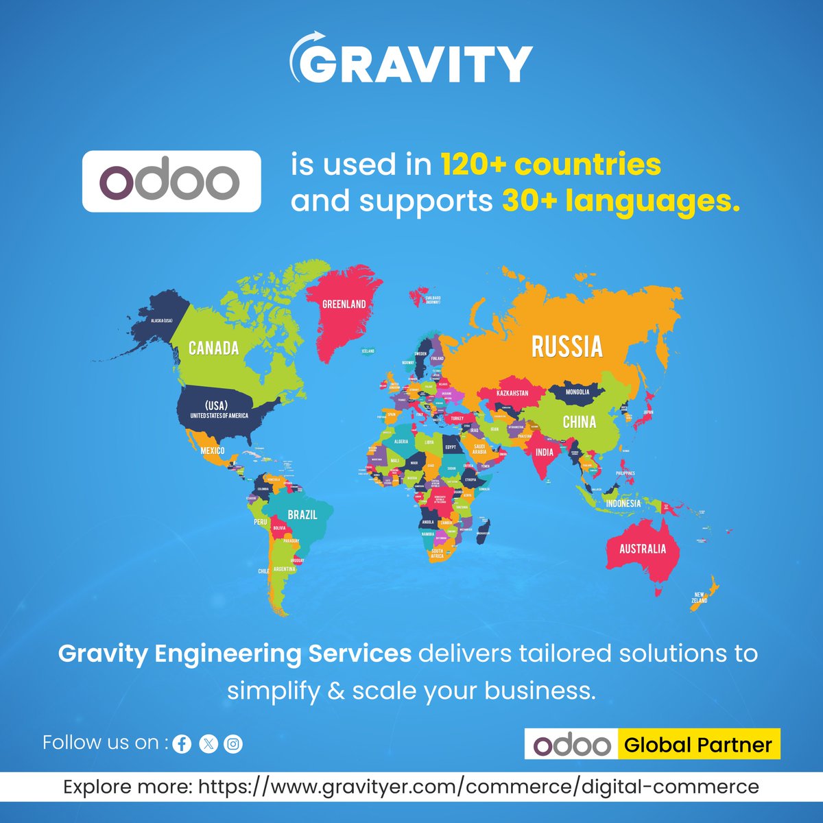 Techgravityer's tweet image. lobal Reach with Odoo & Gravity Engineering Services.
Odoo is used in 120+ countries and translated into 30+ languages.
At Gravity Engineering Services, we bring this global power to businesses with tailored Odoo solutions that simplify and scale operations.
#teamgravity