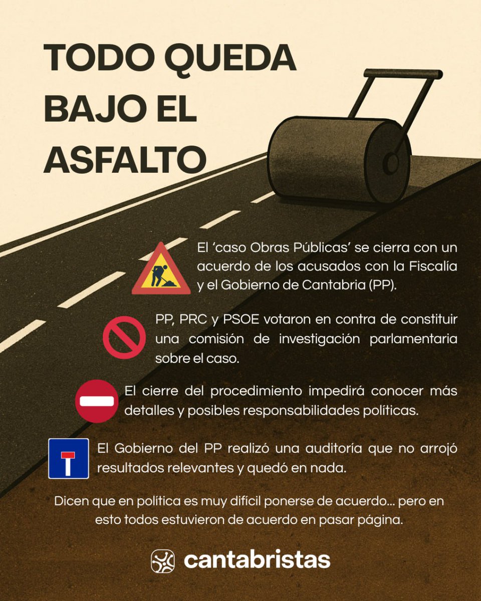 🏗️ La trama corrupta de Carreteras se cierra con un pacto y sin investigar a fondo todo lo que ha ocurrido. El hormigón seguirá gobernando Cantabria.

🤷🏻‍♀️ Dicen que en política es muy difícil ponerse de acuerdo... Pero en esto todos estuvieron de acuerdo en pasar página.
