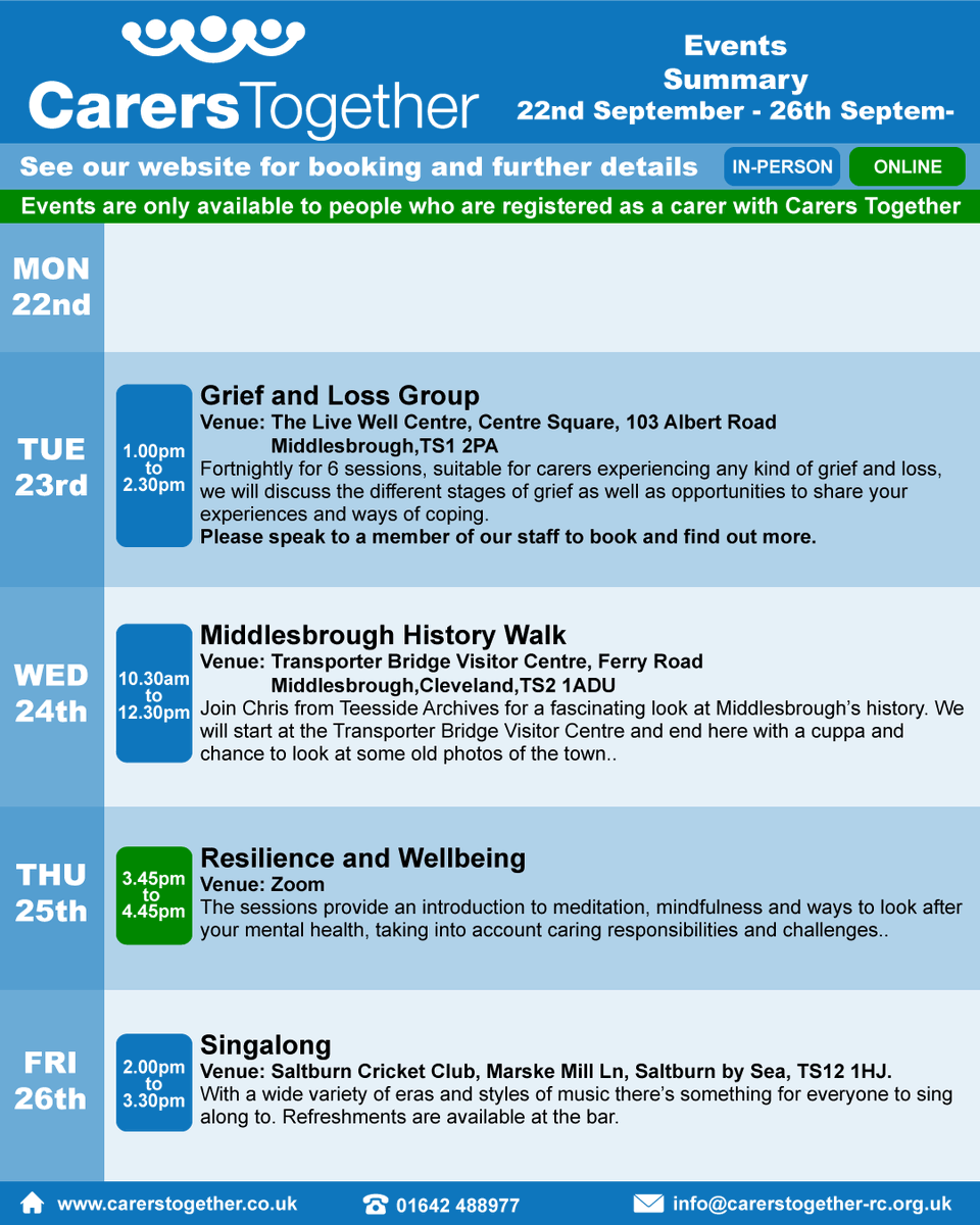 A summary of the events and groups on at Carers Together next week
- beginning 22nd September.

For further information and to book onto an event visit our website at carerstogether.co.uk/events/