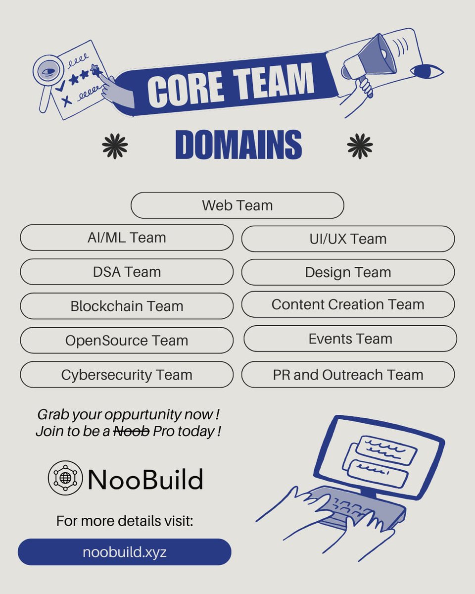 NooBuild_Tech's tweet image. 🚀 NooBuild Core Team Applications Open!
NooBuild – where noobs build to become pros 💡
We’re a 2000+ strong student-led tech community, and now it’s your chance to be part of the Core Team!
📅 Deadline: 10 Oct 2025 ✨
🔗 Apply now: luma.com/86kg23v9