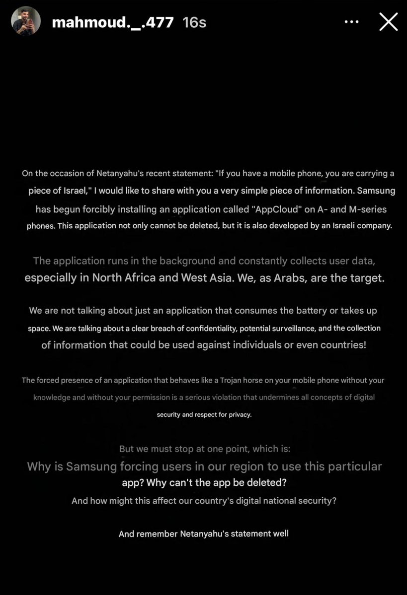 Abubaker Abed (@abubakerabedw) on Twitter photo ⚠️: Mahmoud Abu-Musallam is a cyber security engineer in Gaza right now writing so significantly about <a href="/SamsungMobile/">Samsung Mobile</a> breaching the privacy of users and collecting information for the Israeli army
So many in Gaza hold Samsung devices. Samsung is complicit in the genocide in Gaza ⚠️: Mahmoud Abu-Musallam is a cyber security engineer in Gaza right now writing so significantly about <a href="/SamsungMobile/">Samsung Mobile</a> breaching the privacy of users and collecting information for the Israeli army
So many in Gaza hold Samsung devices. Samsung is complicit in the genocide in Gaza