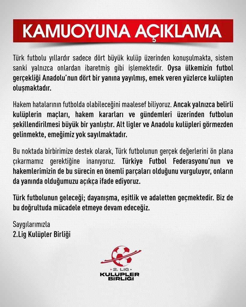 2.Lig Kulüpler Birliği’den Kamuoyu Açıklaması!