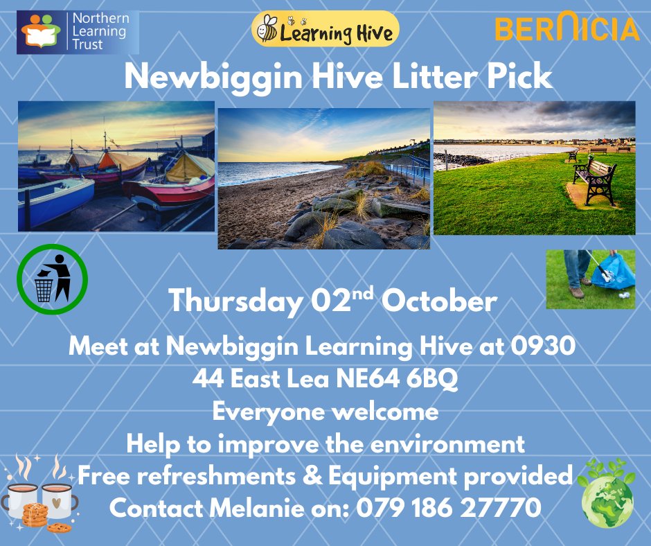 Join #newbigginlearninghive for their next Community Litter Pick!

All equipment will be provided.
Let’s come together to keep our town looking lovely.  Everyone is welcome.

For more info, please contact Melanie.
#newbigginbythesea #litterpick #community