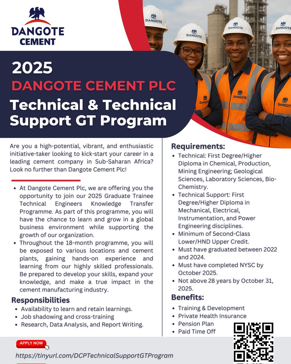 TheDewale1's tweet image. The 2025 Dangote Cement Plc Graduate Trainee Program is here! 🚀

🏢 Support Service: lnkd.in/d29HUMUH

🏭 Technical &amp;amp; Technical Support: lnkd.in/diKDQEep

#DangoteCement #GraduateTraineeProgram #CareerGrowth #FutureLeaders #Recruitment #NigeriaJobs #JobsInNigeria