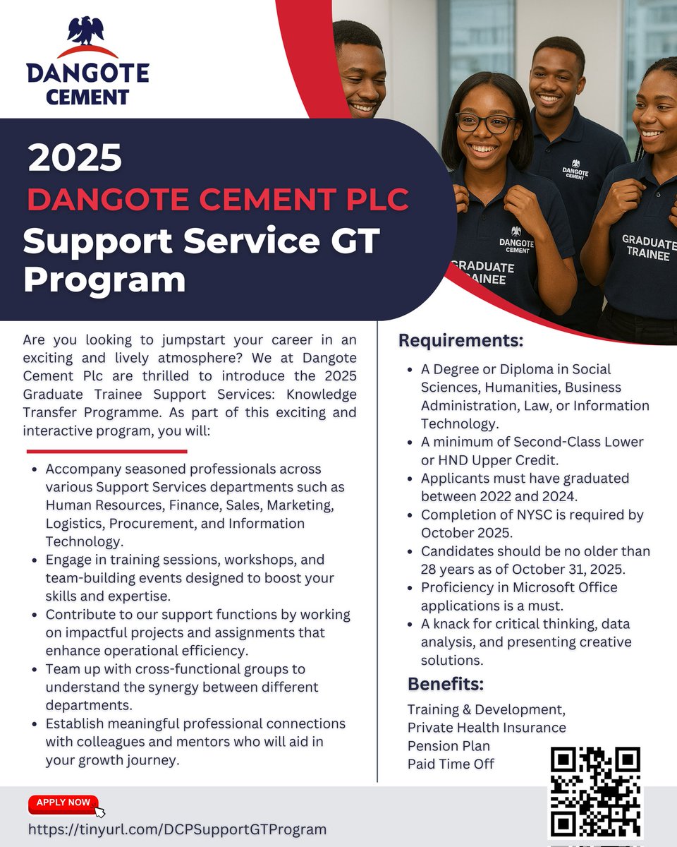 TheDewale1's tweet image. The 2025 Dangote Cement Plc Graduate Trainee Program is here! 🚀

🏢 Support Service: lnkd.in/d29HUMUH

🏭 Technical &amp;amp; Technical Support: lnkd.in/diKDQEep

#DangoteCement #GraduateTraineeProgram #CareerGrowth #FutureLeaders #Recruitment #NigeriaJobs #JobsInNigeria