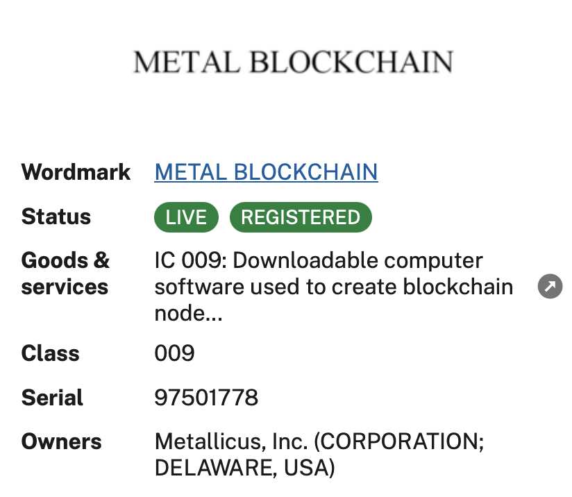 Small detail, big signal: Metal Blockchain®

That little ® symbol means Metal Blockchain has:

✅ Official USPTO registration
✅ Legal trademark protection
✅ Serious IP strategy
✅ Professional foundation for bank partnerships

$METAL