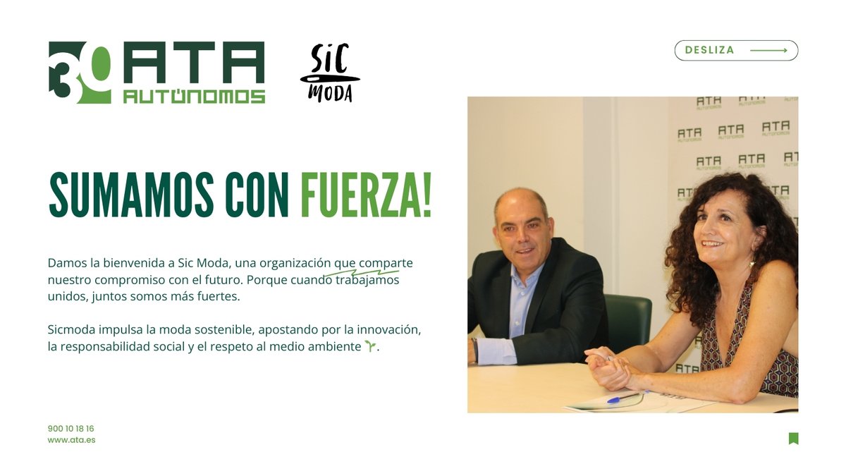 💚 En ATA sumamos fuerza con <a href="/SiCmodaes/">SIC, Sostenible Innovación Circular en Moda</a> , una organización con la que compartimos compromiso con el futuro. Porque cuando trabajamos unidos, ¡somos más fuertes! ✨

🌱 Junto a Sic Moda impulsamos la moda sostenible, apostando por la innovación, la responsabilidad social y el