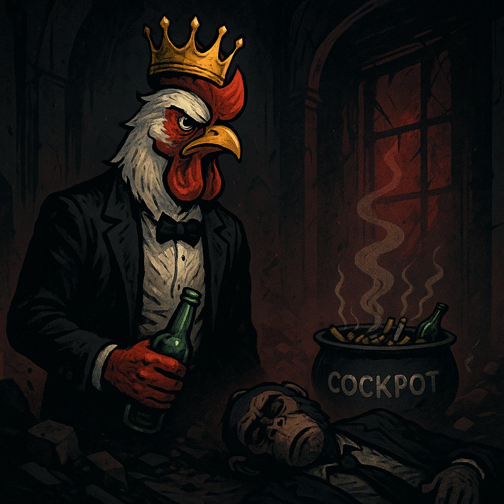 Before him lies the dead body of Monsieur 419.
In the cauldron, once full of hope, there are now only cigarette butts and empty bottles.

💭 “That foolish ape thought he could kill me. But the Prince is immortal…”

The Prince lifts a beer bottle, adjusts his crown, and whispers: