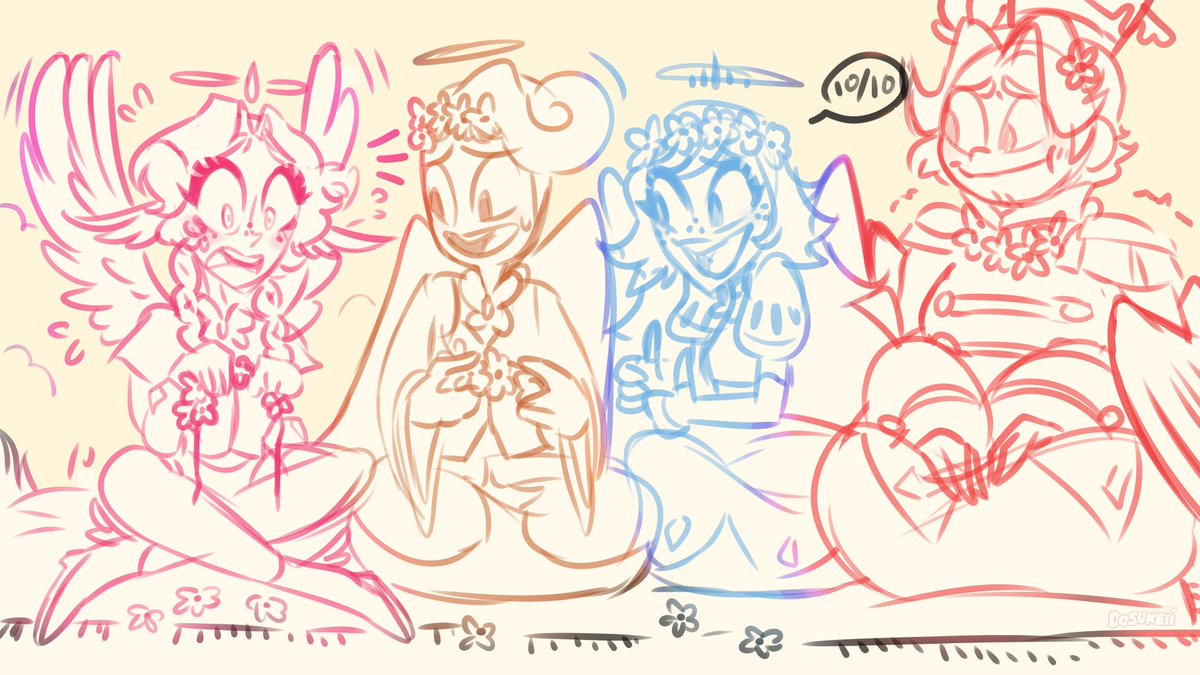 Chilling and making flower crowns 🌼🌺
________
#Emily #Abel #StPeter #Evyn #HazbinHotel #HazbinHotelEmily #HazbinHotelAbel