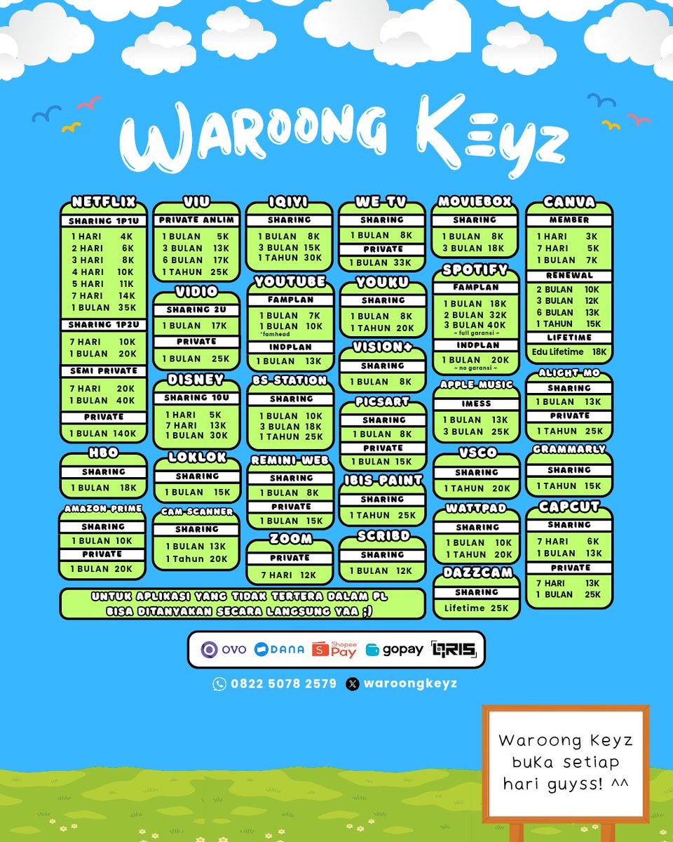 waroongkeyz's tweet photo. WTS APP PREMIUM APLIKASI PREMIUM MURAH ✨️

NETFLIX DISNEY CANVA WETV VIDIO YOUTUBE HBO AMAZONPRIME CAPCUT VIU IQIYI DLL

Testi bisa dilihat di pinned profile 👀

Yang mau order bisa DM atau WA di sini yaa
https://t.co/FWVWBd36vq https://t.co/tU7ki5SGdA