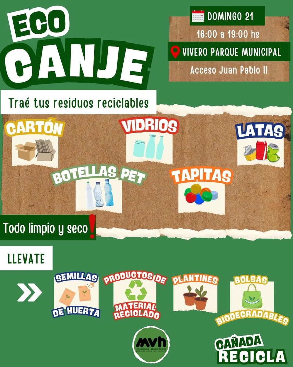 📅 El domingo 21 de septiembre la Dirección de Ambiente realizará un Eco Canje en el Vivero Parque Municipal.

♻️ Podés traer tus reciclables (cartón, vidrios, tapitas, botellas PET y latas) y cambiarlos por semillas de huerta, plantines, productos de material reciclado