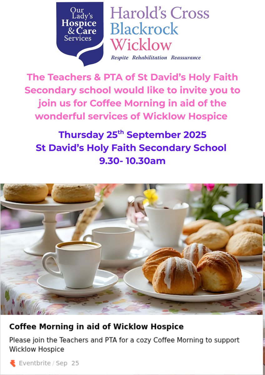 Parents, guardians and friends of St. David's are warmly invited to a coffee morning taking place in the school next Thursday, 25th of September, in aid of Wicklow Hospice

A huge thank you to @firehousedelgany @thefatfoxofficial and @bread41bakery for their support!