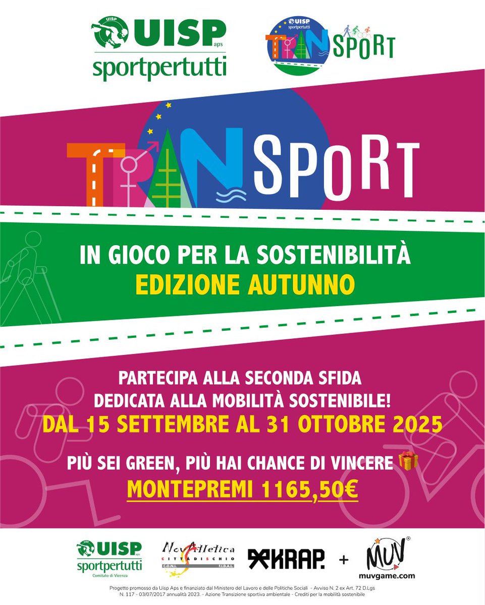 Gara di mobilità sostenibile
Dal 15/09 al 31/10 torna la sfida promossa da UISP APS, Simurg Ricerche e MUV B Corp nell'ambito del progetto TranSport. Iniziativa è aperta a tutti i residenti della provincia di Vicenza che frequentano l’impianto sportivo “Krapannone” a Schio.