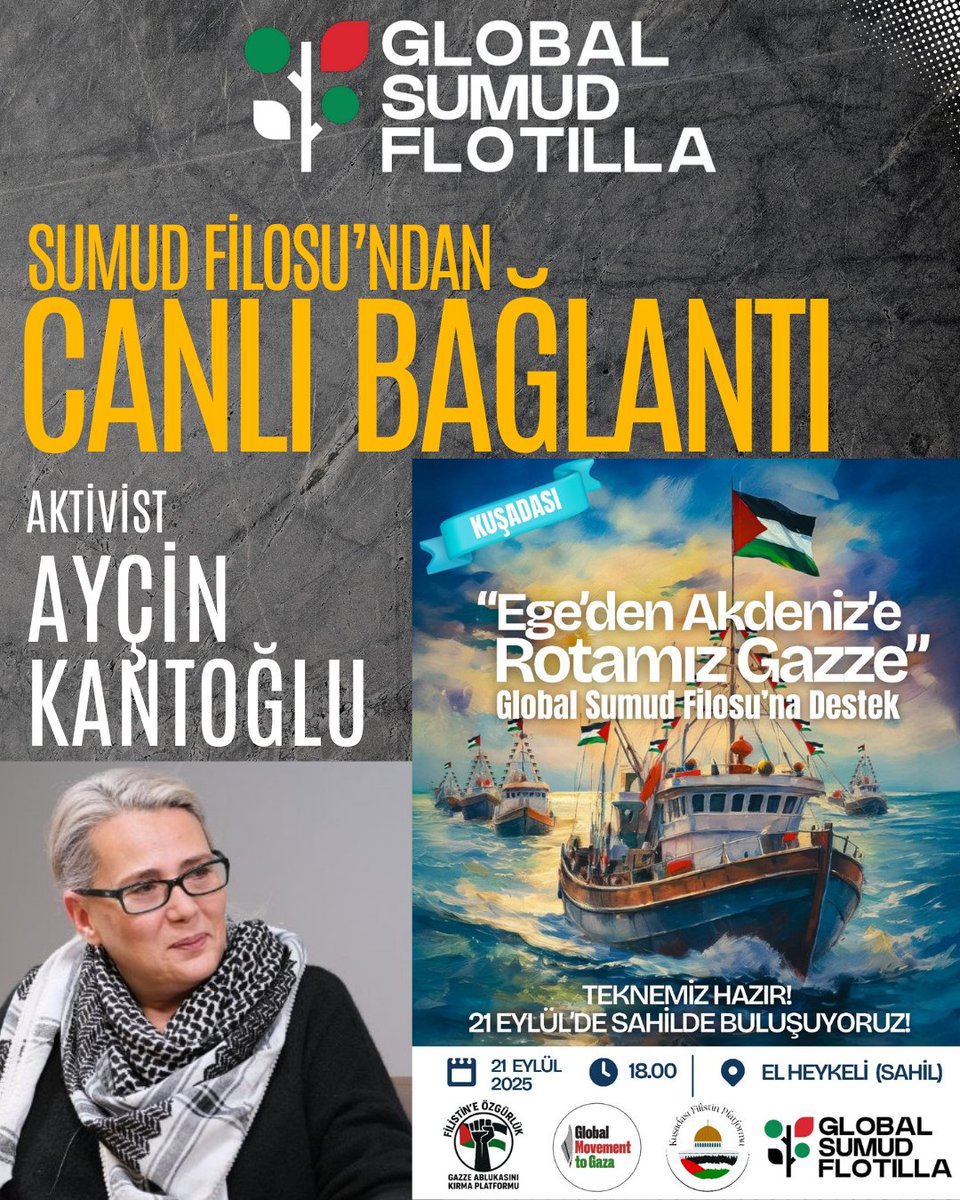 kusadasifilistn's tweet photo. Onur konuğumuz, Sumud Filosu’nda yer alan Aktivist Ayçin Kantoğlu Hanımefendi olacak.

Kendisi, filodan canlı bağlantı ile Kuşadası’ndaki programımıza bağlanarak mesajlarını bizlerle paylaşacak.

Tüm Kuşadalı hemşehrilerimizi bu anlamlı buluşmaya davet ediyoruz.
@Aycin_Kantoglu https://t.co/nbZctDRJ7A