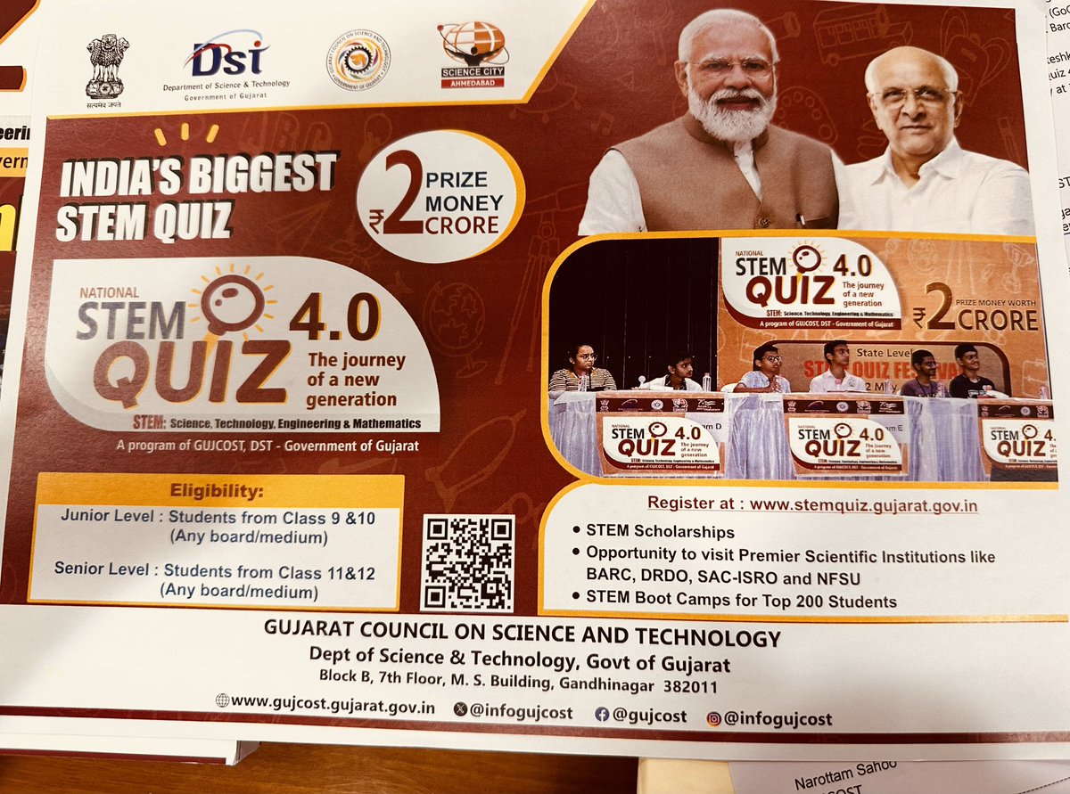 IPLab_Rajkot's tweet photo. From #Classrooms to #India's #NationalStage — the wait is over!
@InfoGujcost announces registrations for #NationalSTEMQuiz 4.0 for #Students of 9–12 in #Junior & #Senior categories.
#Prizes worth ₹ #2Crores await India’s brightest #YoungMinds to showcase their #STEM brilliance https://t.co/lZ70bvcGoW