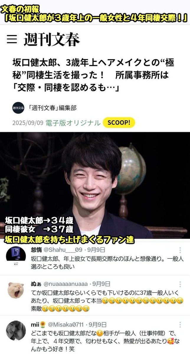 tkzwgrs's tweet photo. 塩顔で超人気の俳優“#坂口健太郎”
↓
文春が3歳年上の一般人と4年間の同棲交際を報道
↓
「女選び放題なのに一般人！しかも年上！」とファン大歓喜
↓
翌日の文春「でも #永野芽郁 と三角関係になって彼女を捨てました」
↓
ファン、坂口健太郎の笑顔が急にしわくちゃの金玉にしか見えなくなる(今ここ) https://t.co/UoqkmrNvm0