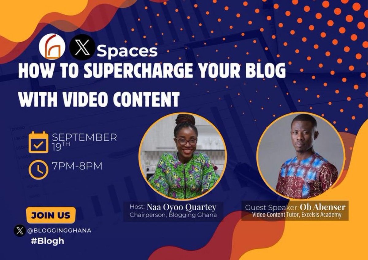 BloggingGhana's tweet photo. ⏳ TONIGHT on #XSpaces! 
#BloggingGhana x @ObAbenser 🎙
Topic: Using Video to Supercharge Your Blog Reach. 
🕖 7PM GMT | 
📍 X Spaces - https://t.co/ILisTWEzib
Come ready to learn, share, and grow your blogging journey with VIDEO 🚀
#ReigniteBlogh #vlogging #blogging https://t.co/Fvx8YcIHgQ