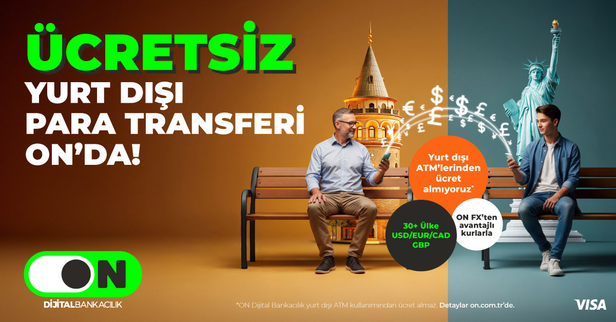 Ücretsiz yurt dışı para transferi ON'da!
ON Dijital Bankacılık ile 30'dan fazla ülkeye Yurt dışı para transferlerini FX’in avantajlı kurlarıyla ücretsiz yapabilirsin. Üstelik, yurt dışı ATM’lerinden para çekmek ücretsiz. Türkiye'de ilk kez VISA ile ücretsiz yurt dışı para