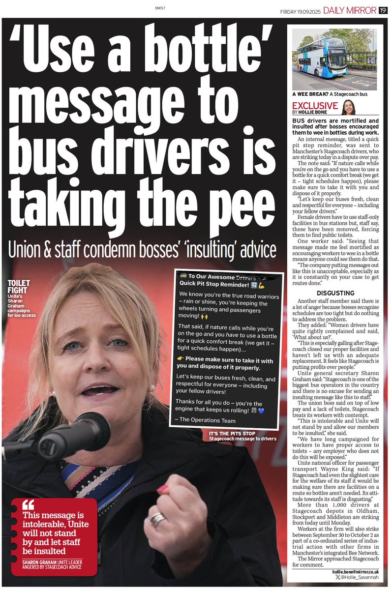 🚍👀🚽Stagecoach is one of the biggest bus operators in the country and there is no excuse for sending an insulting message like this to staff.

While bus firms such as Stagecoach turn over huge profits, their workers don't only have to contend with low pay and a lack of toilets,