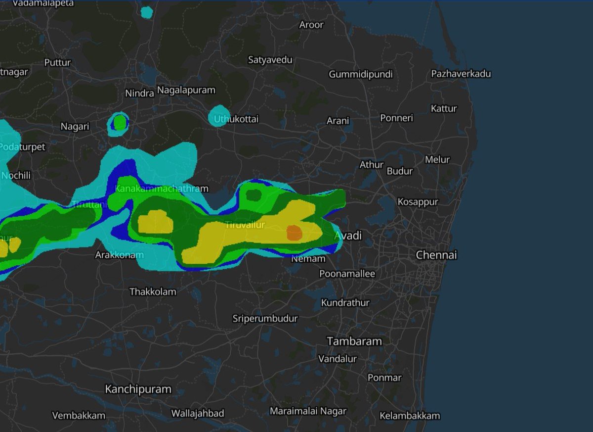 Ready ah Chennai?
-------------------
Storms have reached the gateway of thunders - Avadi, which usually signals incoming rains for the city.

➡️ Next in line: Ambattur, followed by other parts of Chennai, with sharp but short intense spells.

⚡ Unlike the past two days, this