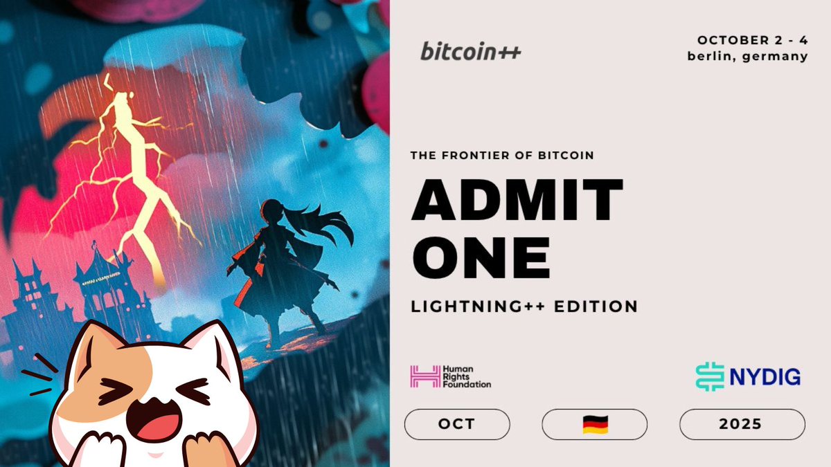 🎉 BIG NEWS! 

We are giving away a FREE access pass to <a href="/btcplusplus/">bitcoin++</a> in Berlin, October 2-4! 🇩🇪📈

Get to know our dear CM &amp; Market Analyst <a href="/Koty_Auditore/">Lord Koty priv/acc (Flip Gold Gang)</a> as he speaks on ''User, not Coder: How Lightning Feels on the Trenches''. [He's kind of a cool cat, NGL 😼]

Dive into