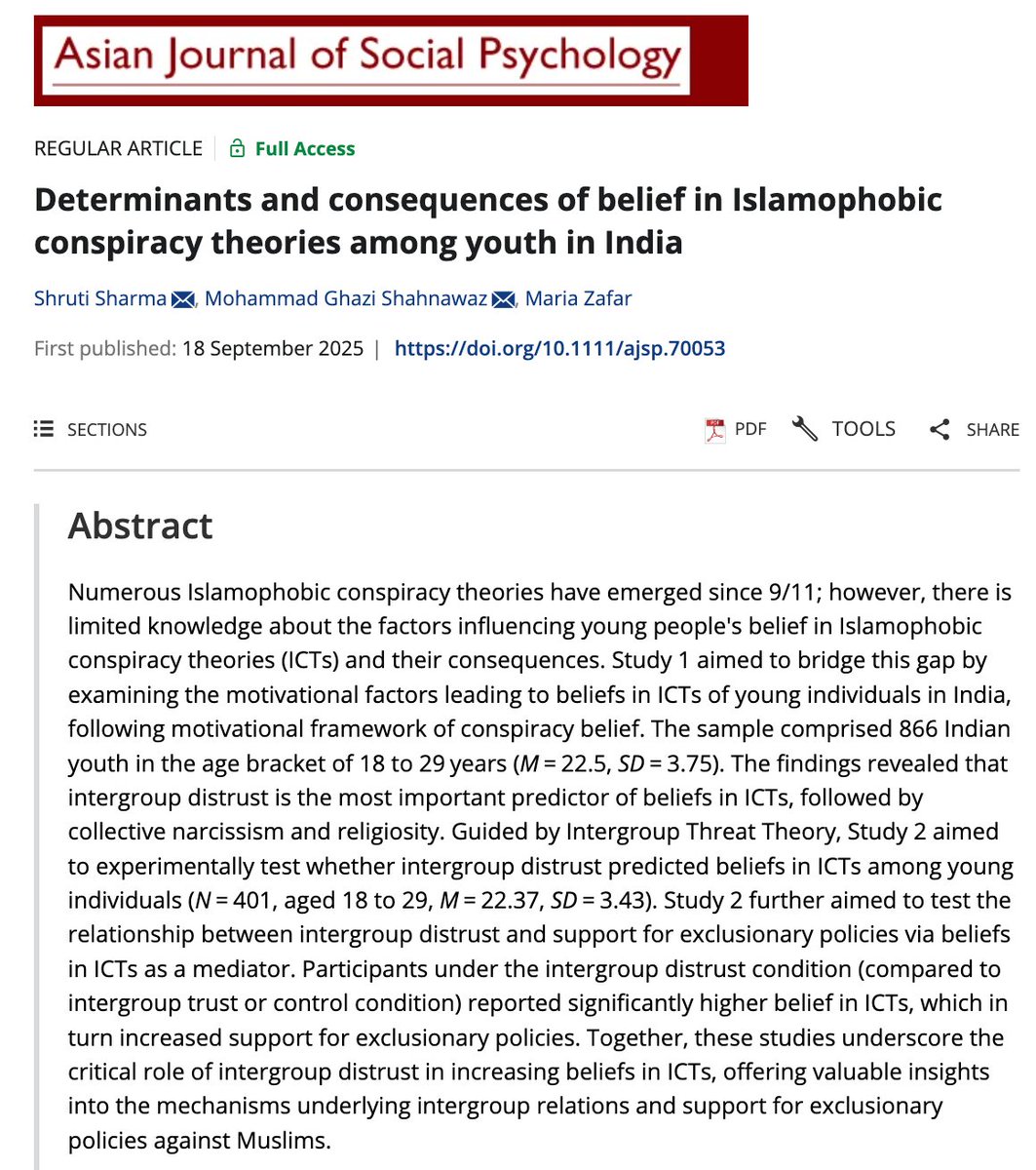 New on #AJSP 
Determinants and consequences of belief in Islamophobic conspiracy theories among youth in India

Shruti Sharma, Mohammad Ghazi Shahnawaz, Maria Zafar
doi.org/10.1111/ajsp.7…