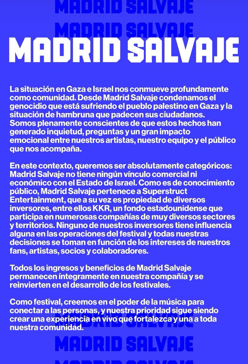 🔴 El Madrid Salvaje, acorralado, ha emitido este comunicado después de que ya sean 4 artistas de peso los que han cancelado sus actuaciones. 

Además, toma a la gente por tonta. Obviamente Israel no tienen ningún poder de decisión festival, no programa a Disobey o Hard GZ. 

KKR