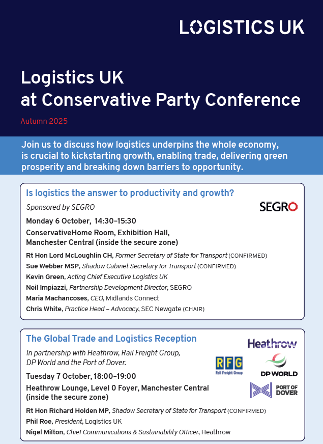 LogisticsUKNews's tweet photo. Join us at the @Conservatives Party conference to discuss how logistics underpins the whole economy, is crucial to kickstarting growth, enabling trade, delivering green prosperity and breaking down barriers to opportunity. 

Rt Hon Lord McLoughlin CH (@Patrick4Dales),
@SueJWebber MSP, Rt Hon @RicHolden MP 

@SEGROplc @MidsConnect @SECNewgateUK @HeathrowAirport @RailFreightUK @DPWorldUK  @Port_of_Dover