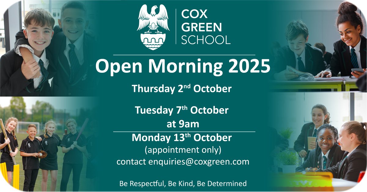 💜 Huge thanks to everyone who made our Open Evening so special! 🌟
Come see Cox Green School in action at our Open Mornings:
📅 Thursday 2 Oct
📅 Tuesday 7 Oct
📅 Monday 13 Oct (Appointment only)
Discover what makes our school thrive! #CoxGreenSchool #OpenMorning