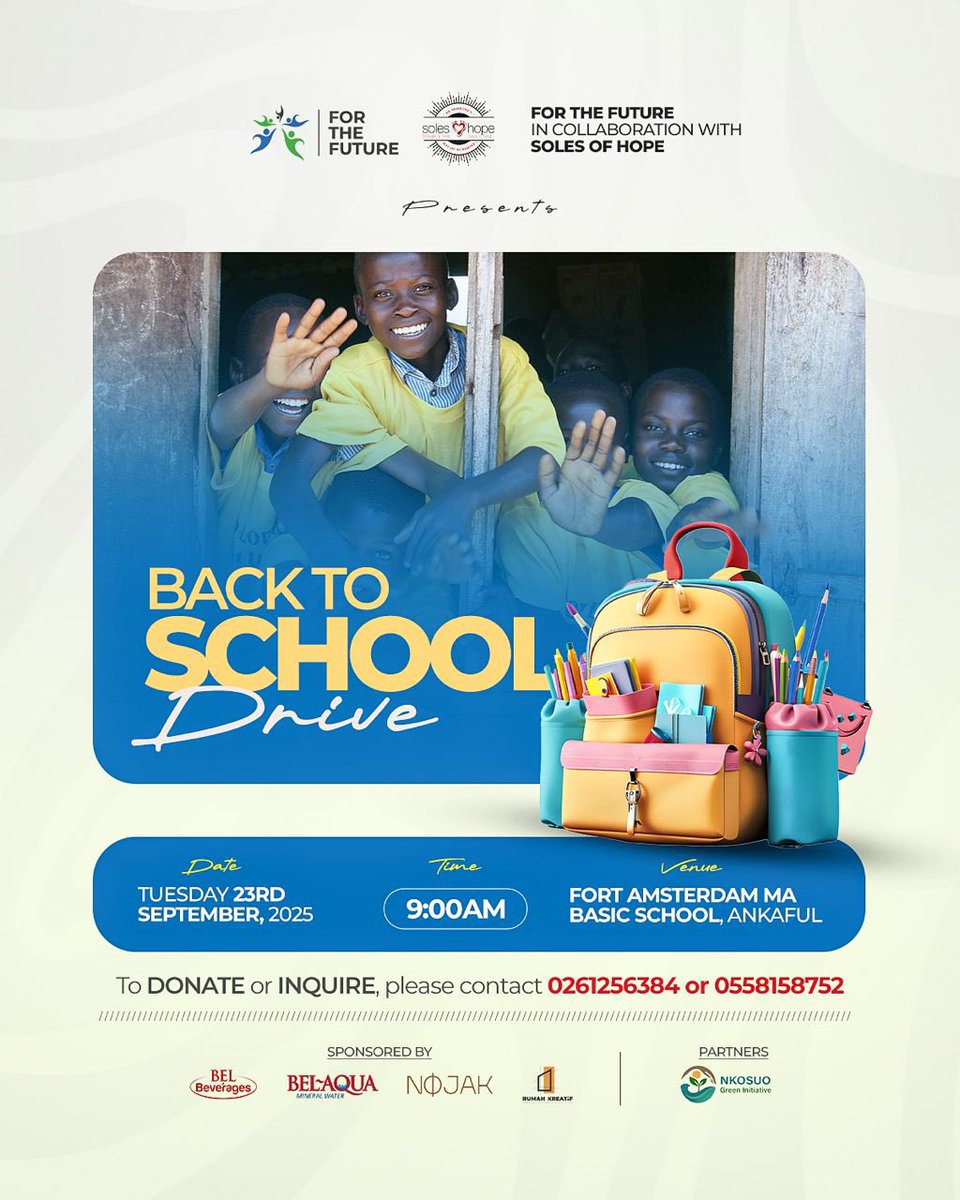 soles_of_hope's tweet photo. On September 23, For The Future Ghana &amp; Soles Of Hope Foundation will host a Back-to-School Drive at Ankaful's Fort Amsterdam M/A Basic School, supporting 250+ children with books, uniforms, shoes, school bags, stationery, and school refurbishments https://t.co/TRmeyIBjs2
