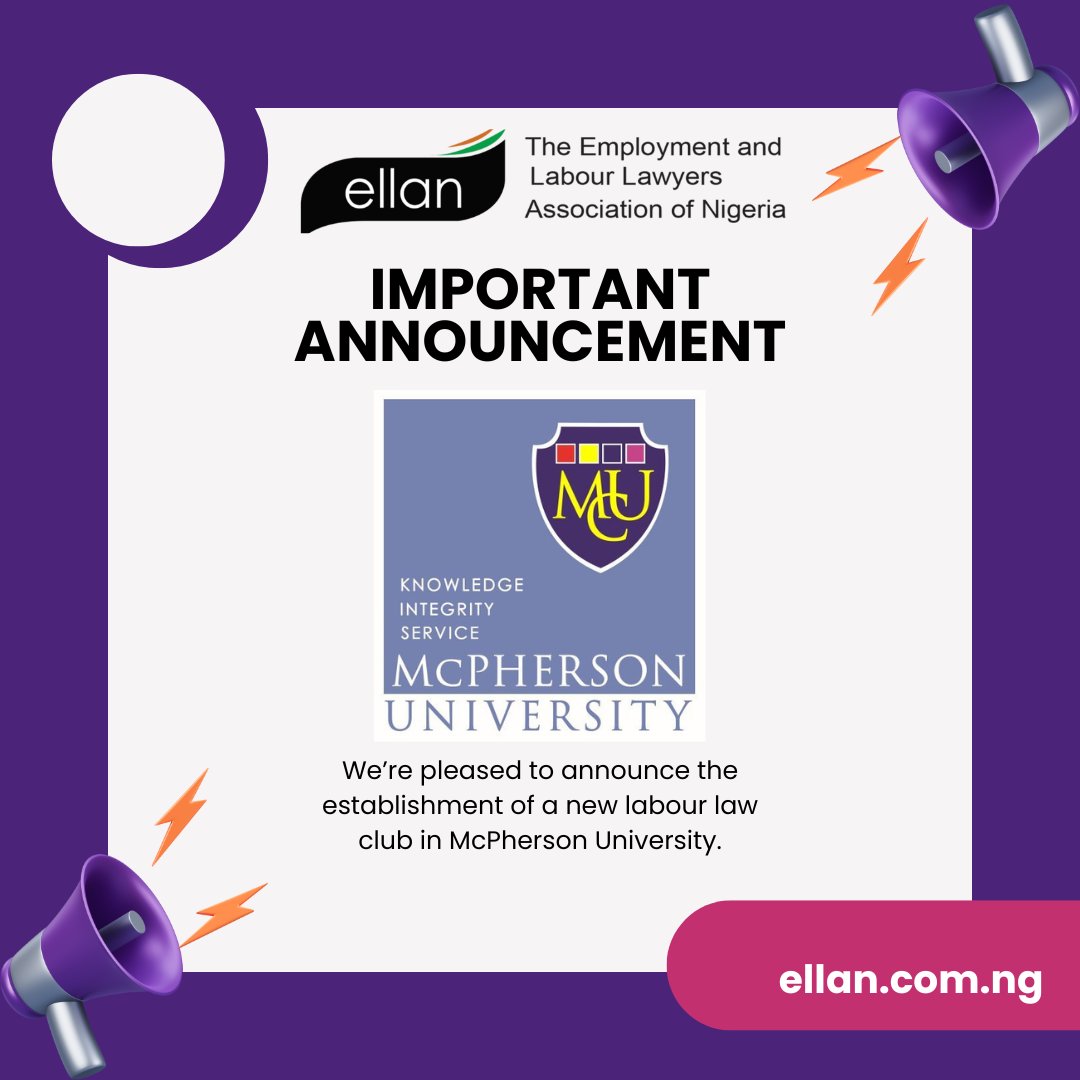 ELLANNIGERIA's tweet photo. We're pleased to announce the establishment of a new labour law club in Mcpherson University. 

If you're interested in being a part of the network of our labour law clubs send us an email ellannigeria@gmail.com https://t.co/2gRIejEK5o