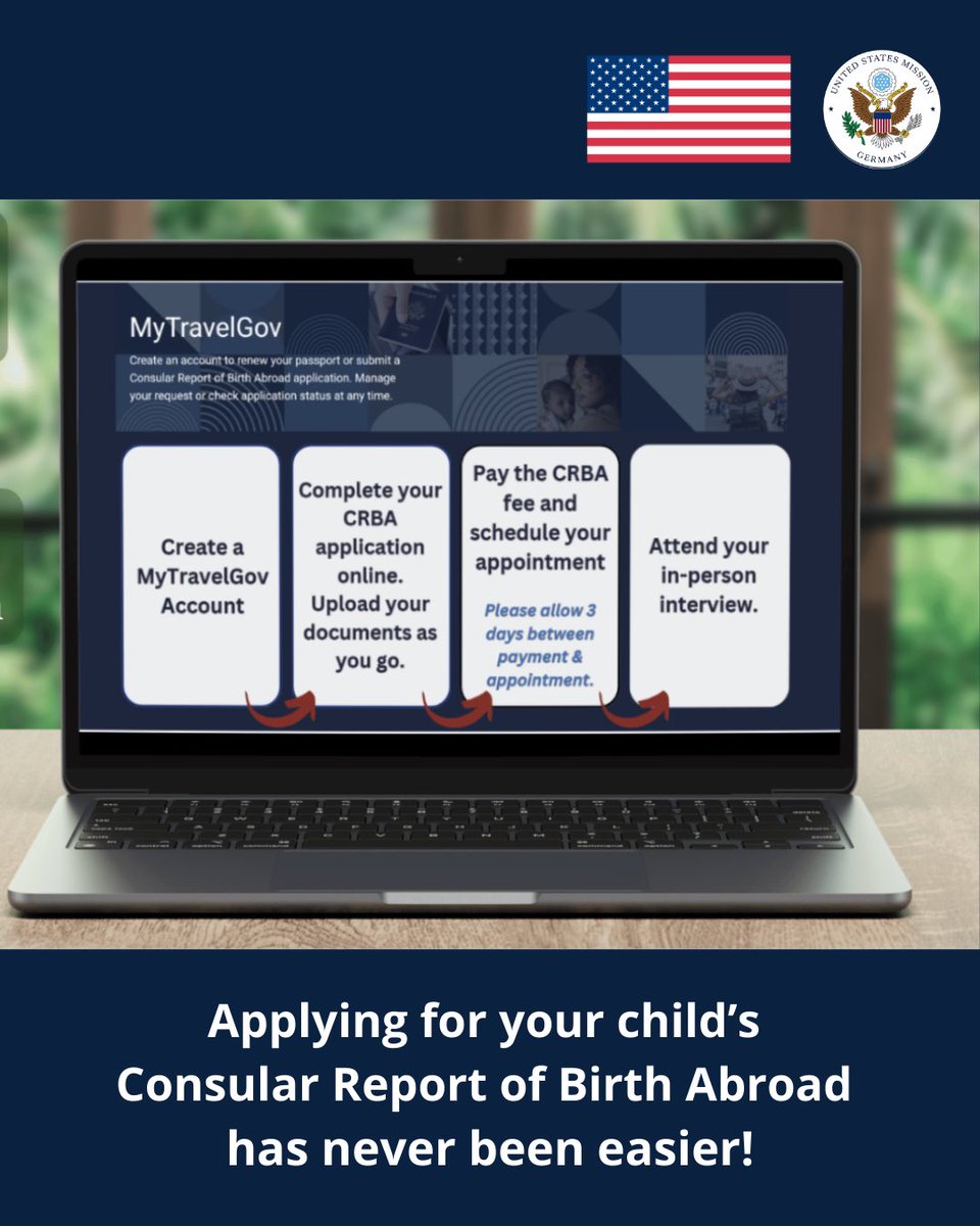 Are you a U.S. citizen with a child born in Germany? Have you applied for their Consular Report of Birth Abroad (CRBA) yet? Apply online today! Learn more here:  common.usembassy.gov/en/crba
 
 #ConsularFriday #AmericanCitizenServices #CRBA