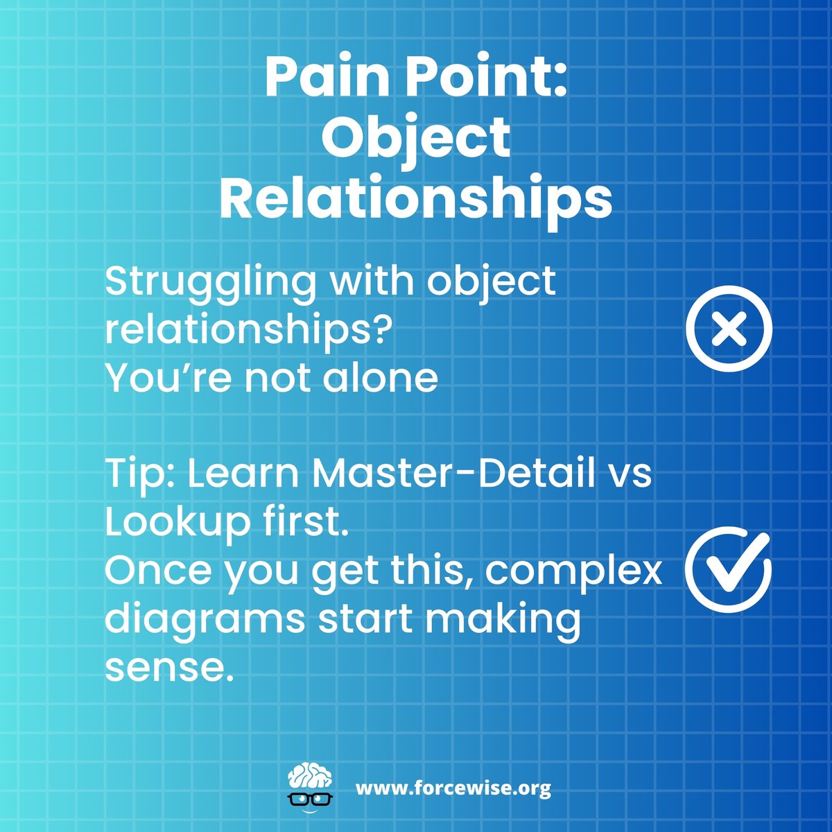 ForceWiseOrg's tweet image. 🌍 OFFICIAL WEBSITE: forcewise.org

Struggling with Salesforce relationships? You’re not alone.
👉 Start simple: Learn Master-Detail vs Lookup first. Once you get these two, everything else starts making sense.

#SalesforceStruggles #SalesforceExam #SalesforceAdmin