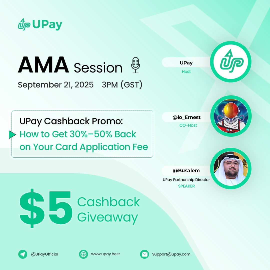 UPay X Space Alert + 5 USDT Cashback Giveaway!

Join us this Sunday for an exclusive AMA on UPay Cashback Promo.

Discover how you can apply for a UPay Virtual or Physical Card and earn back a significant portion of your application fee, up to 50% cashback!

🗓 Date: September