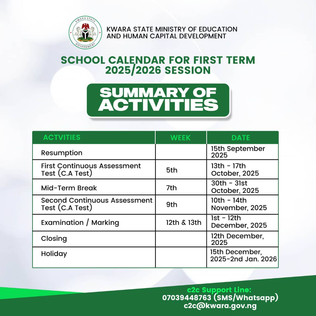followKWSG's tweet image. Kwara schools are in session. Let's make the First Term 2025/2026 a season of growth and excellence.

The Ministry of Education and Human Capital Development has released the official academic calendar to guide teaching, learning, and planning across schools in Kwara State.