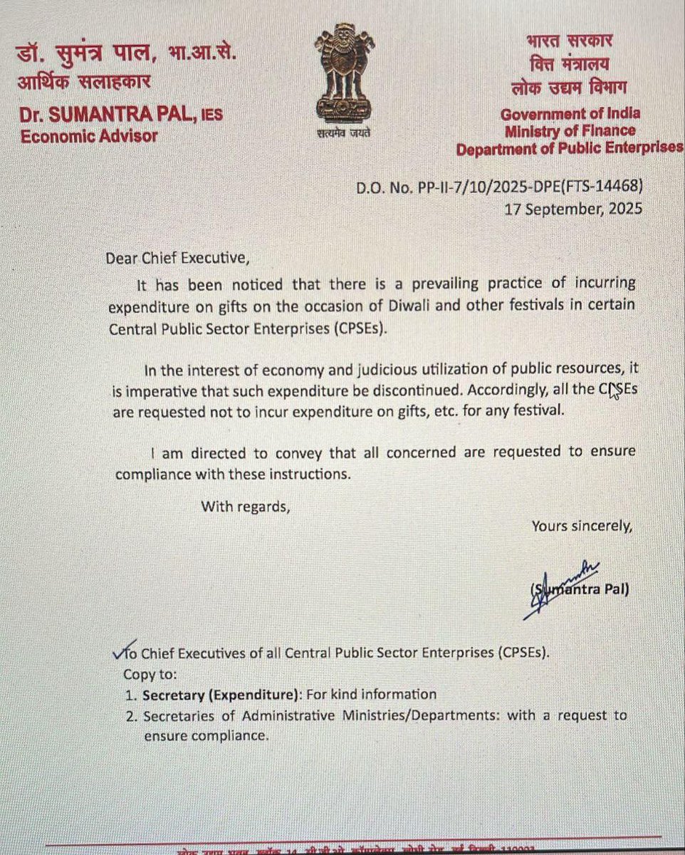 Govt bans Diwali gifts by PSUs 🚫✨ While private firms gift cars &amp; flats, PSUs' ~₹1000 sweets for employees are now stopped. Is it fair to cut this small gesture for India’s biggest festival? Will it dent morale? #Diwali #PSU #EmployeeMorale