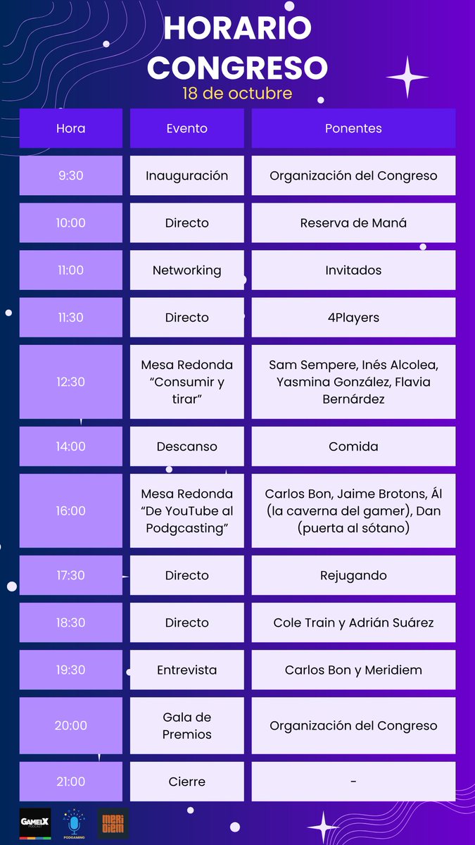⏰ Ya tenemos los horarios para el III Congreso Podgaming ❗ 
Te estaremos esperando y puedes conseguir tu entrada en este enlace:
podgaming.es/congreso/iii-c…

Organiza <a href="/GAMELX/">🎙️ GAMELX™ 🐦</a> y <a href="/Podgaming_/">Podgaming™</a>