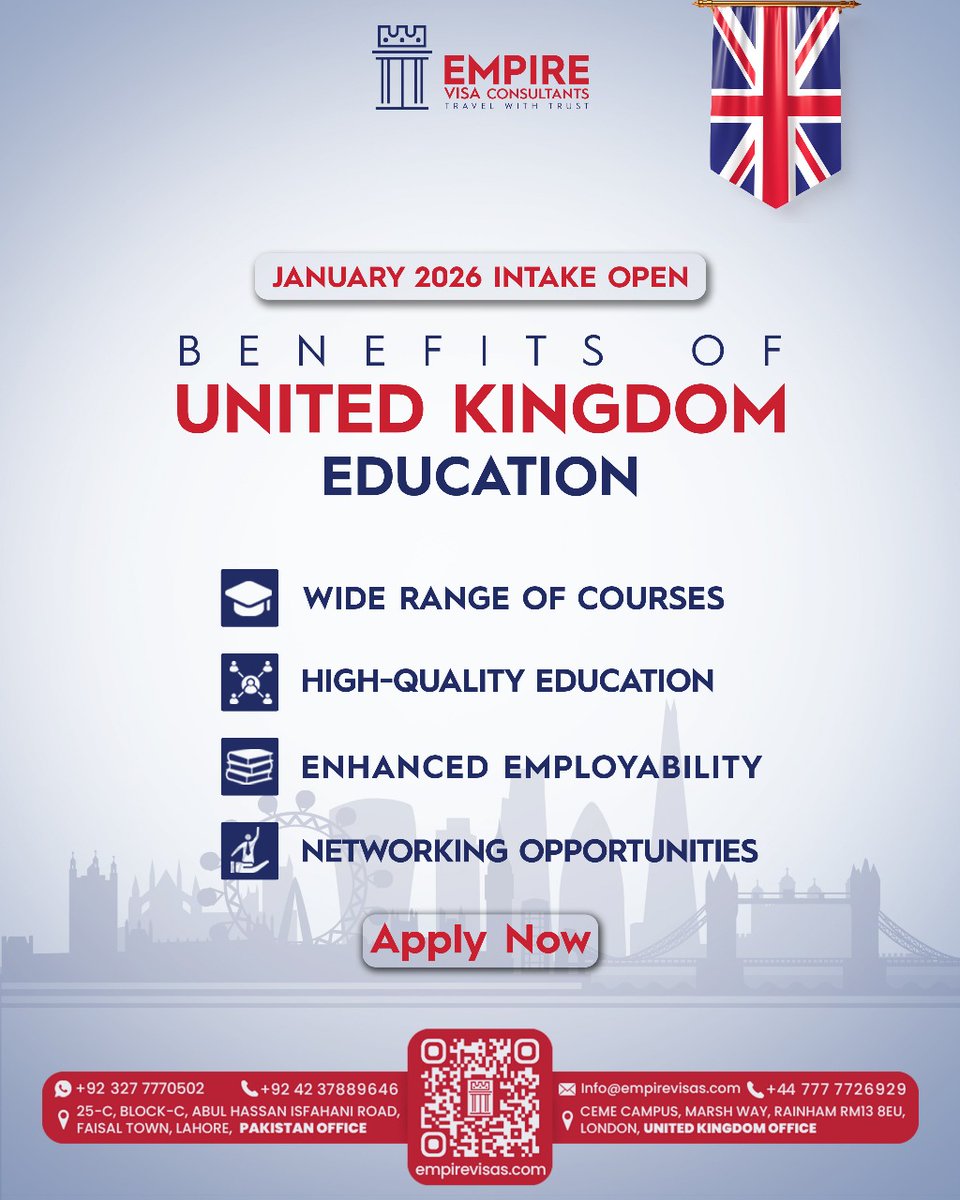 empirevisas's tweet photo. Why Choose UK Education?
~Wide Range of Courses tailored to your career goals.
~High-Quality Education recognized worldwide.
~Enhanced Employability with global exposure.
👉 Apply Now with Empire Visa Consultants 
📞 +92 327 7770501 | +92 327 7770502
🔗 https://t.co/p4J4UmvIYo https://t.co/21RhmiqVcz